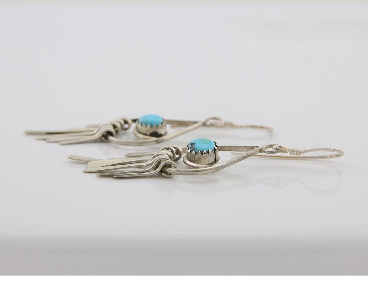 Navajo Dangle Earrings 925 Silver Natural Turquoise Artist Signed JB C.80's