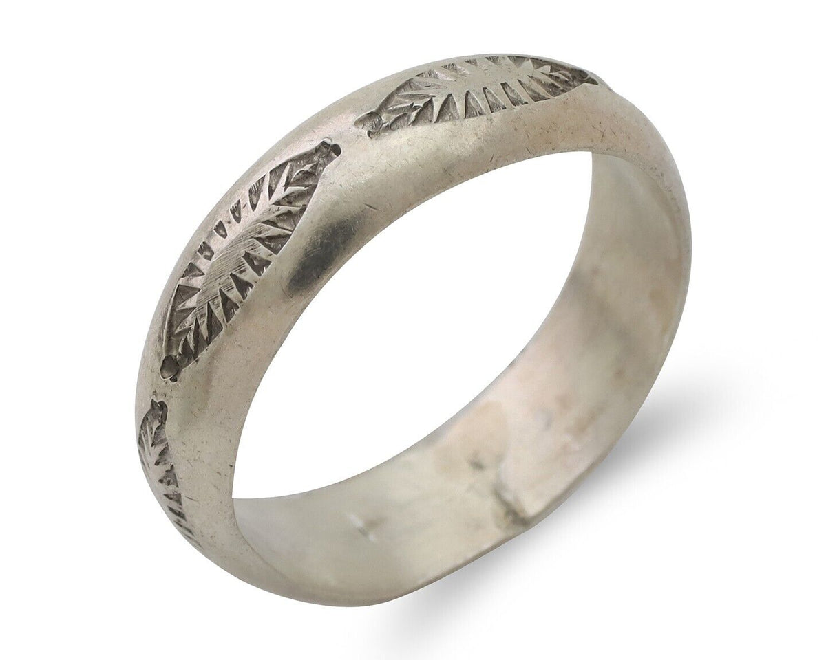 Navajo Hand Stamped Band 925 Silver 6.0 mm Signed Larry Chavez Size 10.5 C.80's