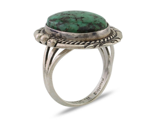 Navajo Ring 925 Silver Green Turquoise Signed William Denetdale 6.75 C.80's