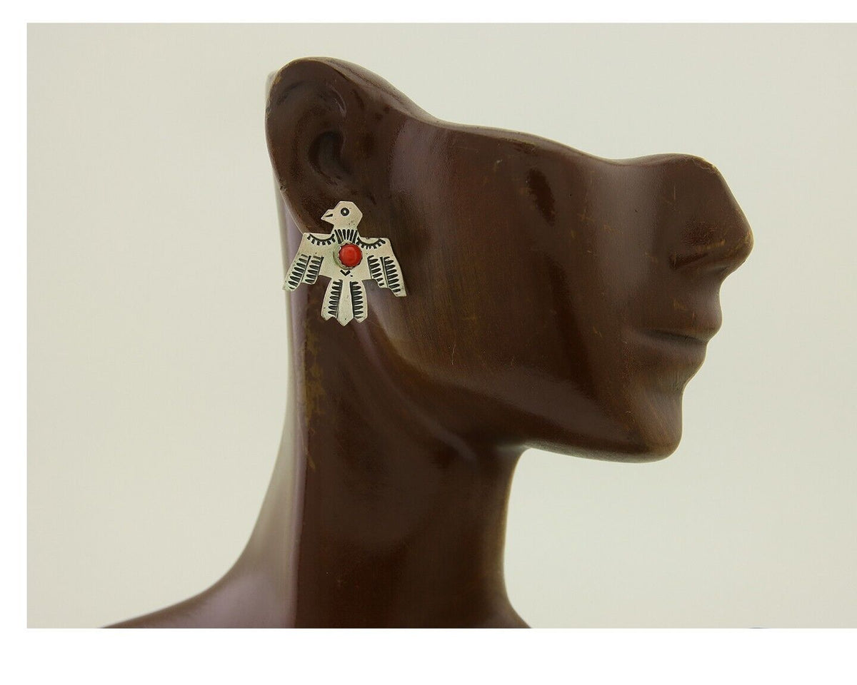 Navajo Thunderbird Earrings 925 Silver Natural Red Coral Native Artist C.80's