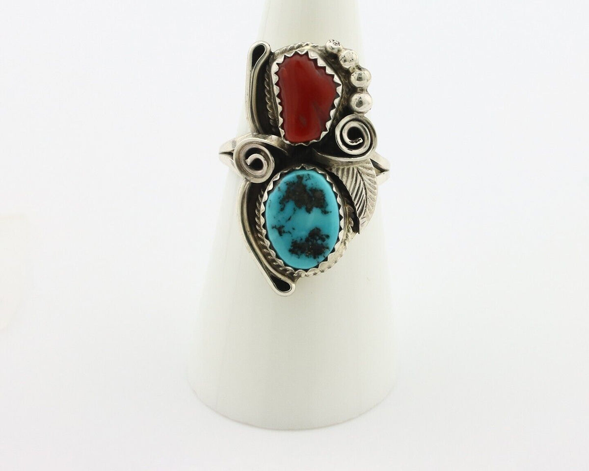 Navajo Ring .925 Silver Turquoise & Coral Artist Signed Justin Morris C.80's