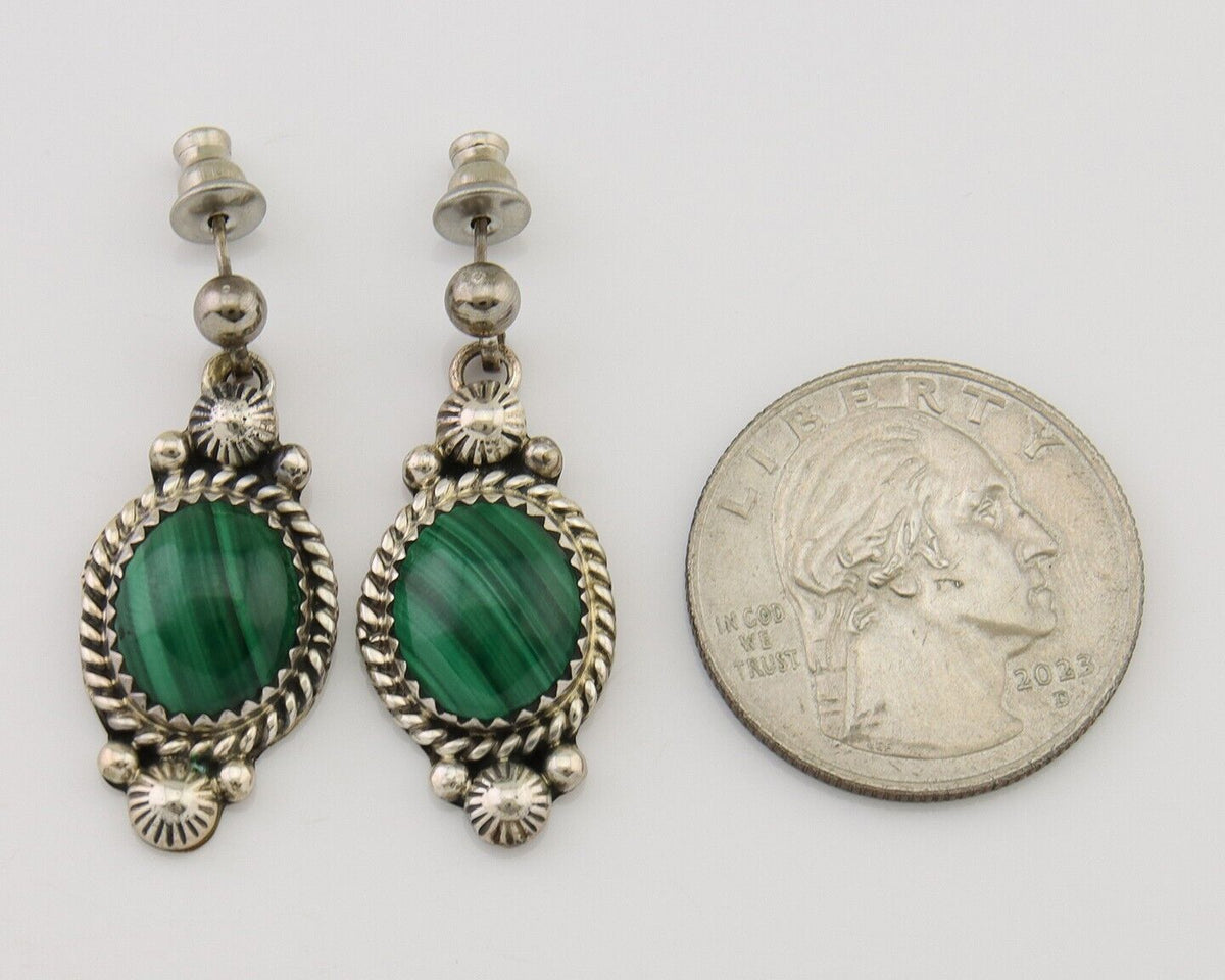 Navajo Handmade Earrings 925 Silver Malachite Native American Artist C.80's