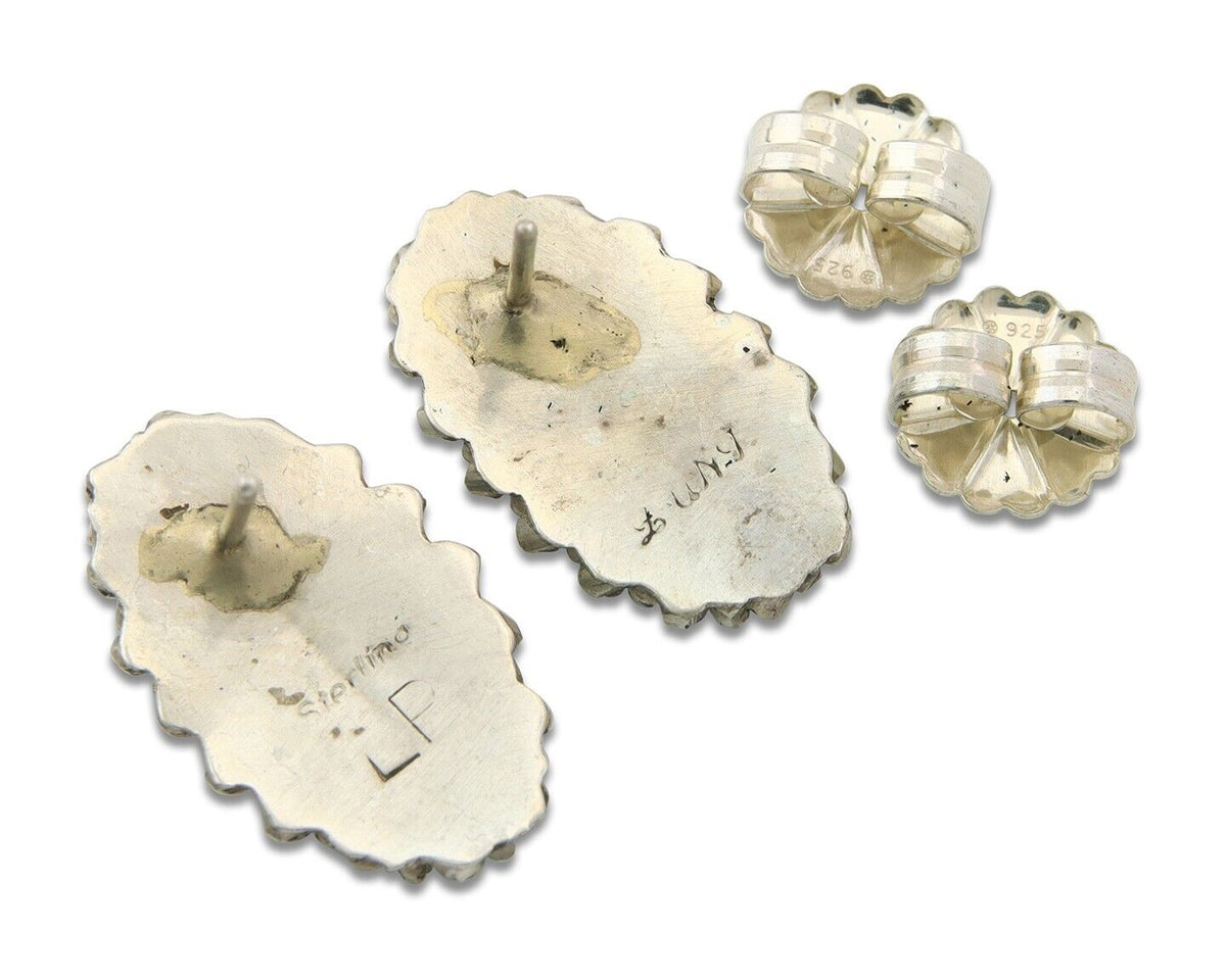 Zuni Concho Earrings 925 Silver Natural Turquoise Artist Signed LP C.80's