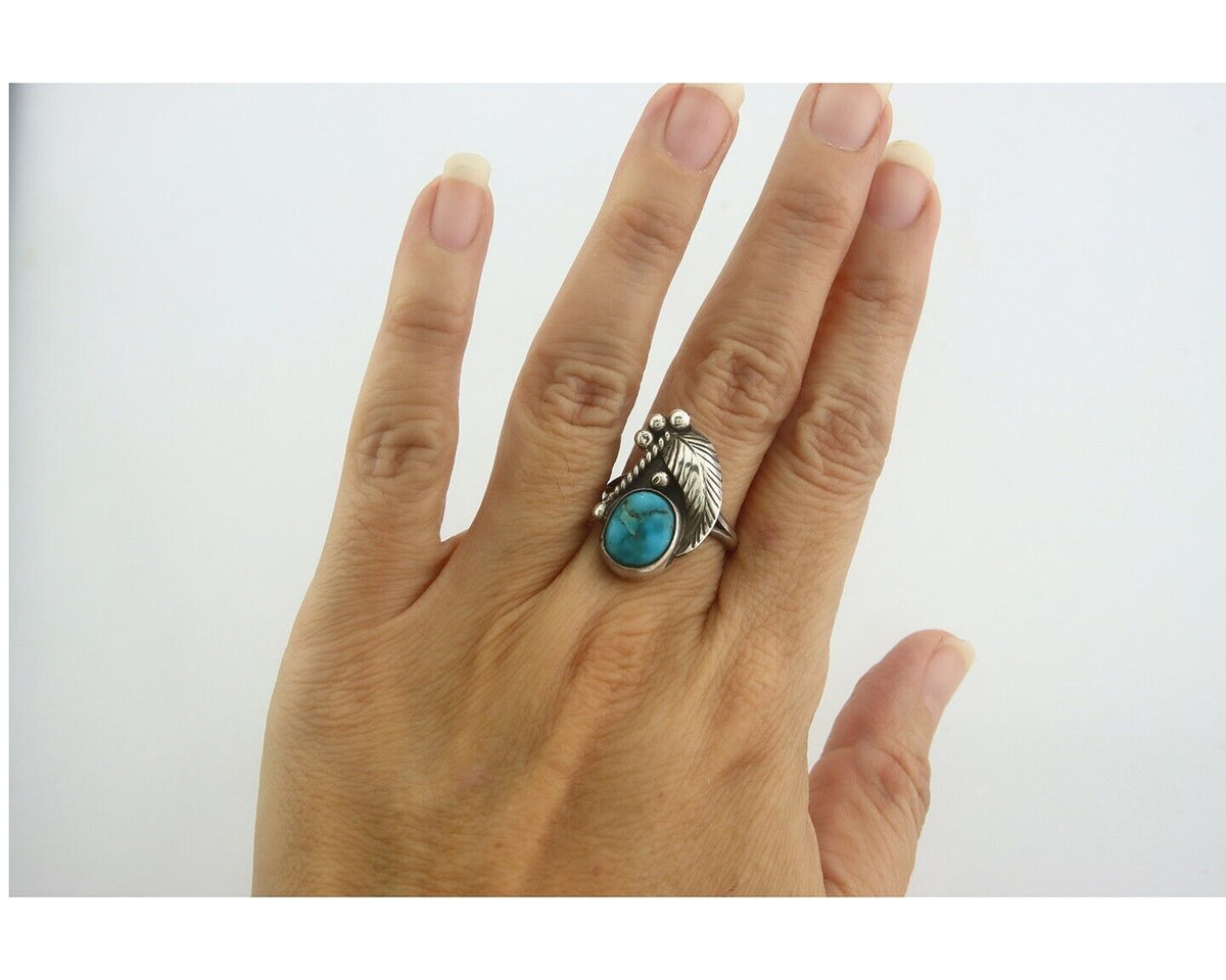 Navajo Ring 925 Sterling Turquoise Handmade Native Artist C.80's Size 6.5