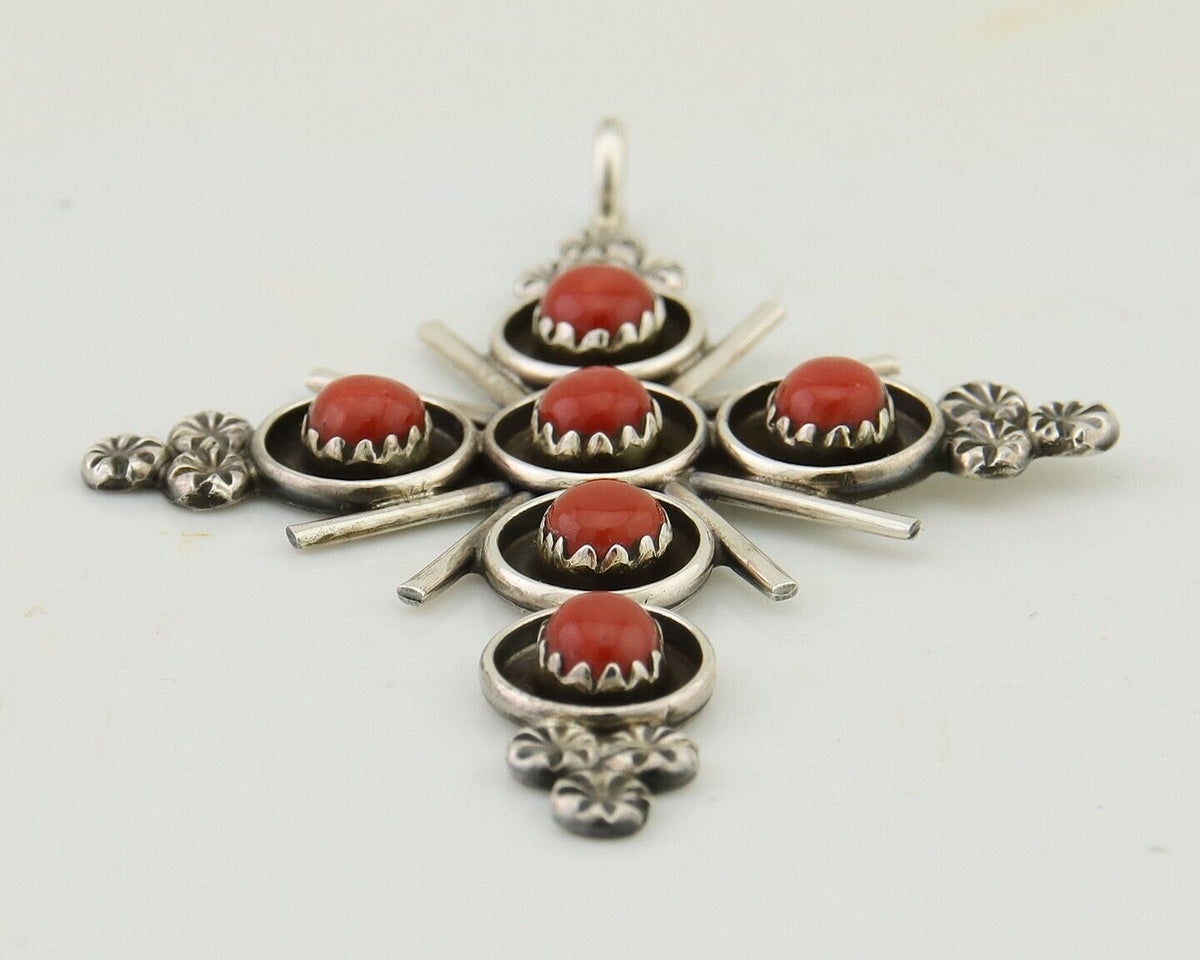 Zuni Cross Pendant 925 Silver Mediterranean Coral Artist Signed Lonasee C.80's