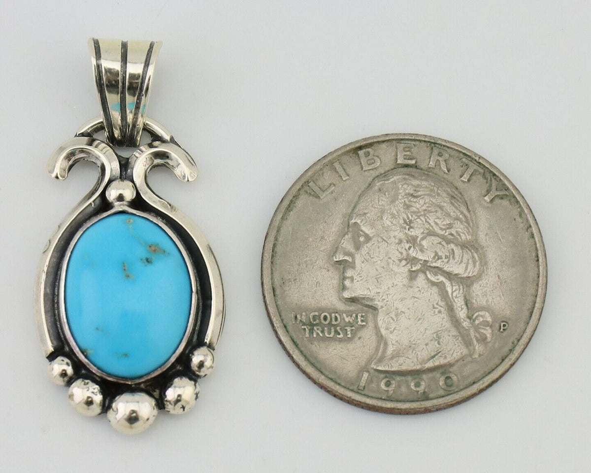 Navajo Pendant 925 Silver Natural Turquoise Artist Signed RB C.80's