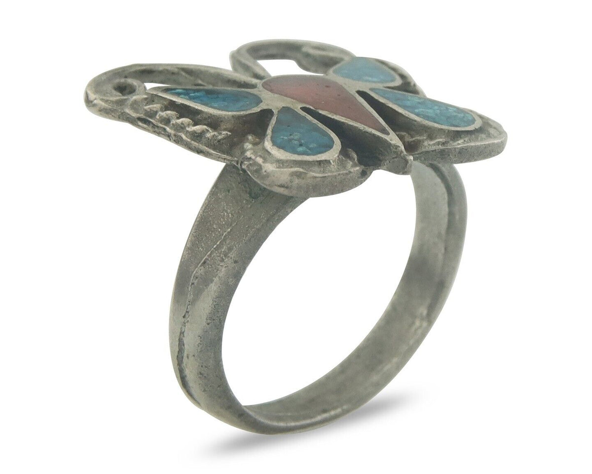 Navajo Ring 925 Silver Inlaid Butterfly Turquoise & Coral C.80's Size 5.0