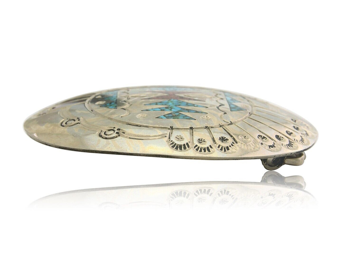 Navajo Belt Buckle .999 Nickel Buffalo Gemstone Signed Jimmie Nezzie 3x3.5in C80