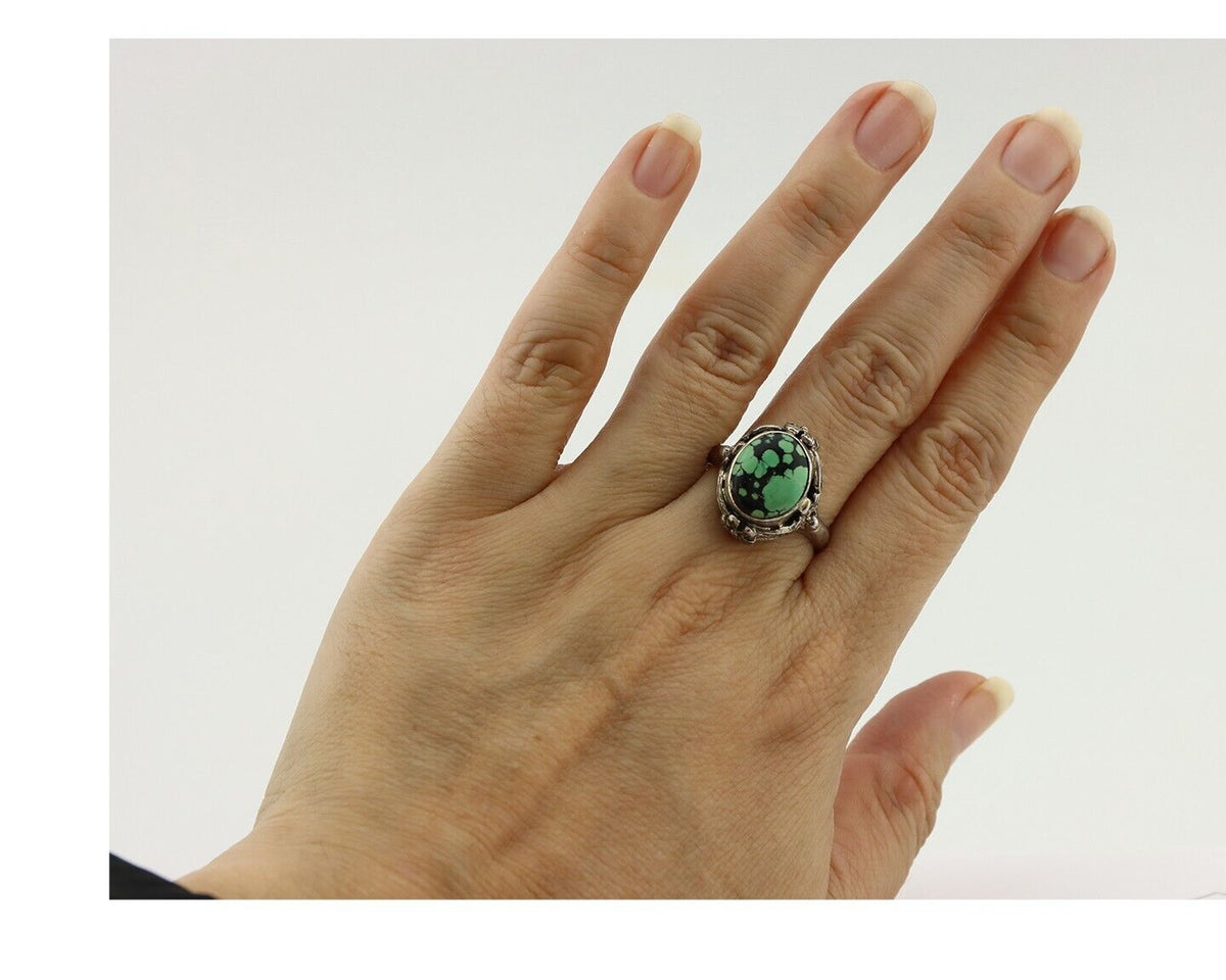 Navajo Ring 925 Silver Natural Spiderweb Turquoise Native Artist Signed Cody