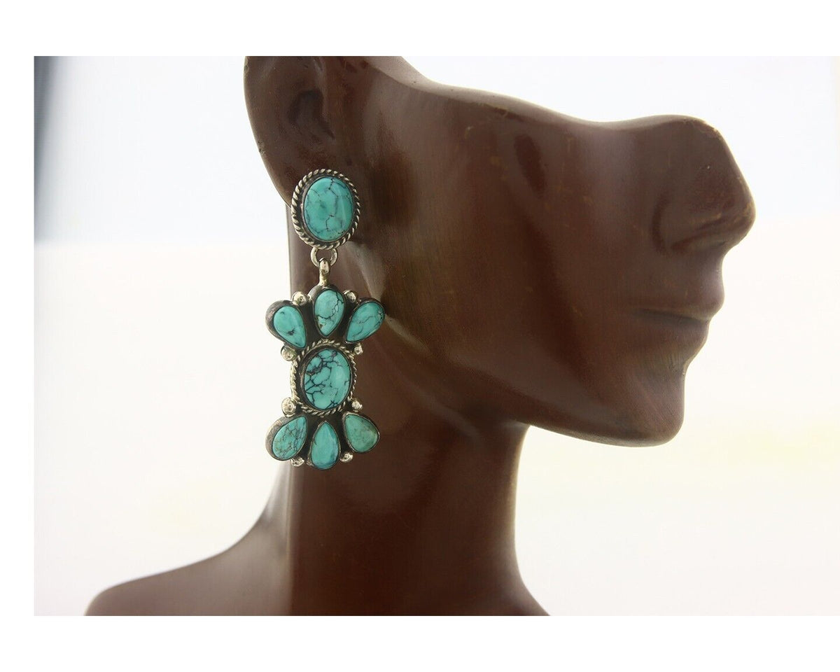 Navajo Earrings 925 Silver Handmade Natural Turquoise Signed Geneva JA C.80's