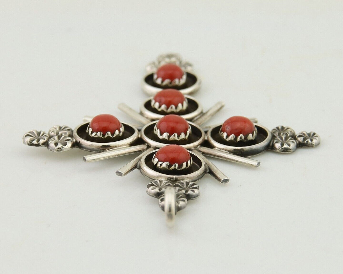 Zuni Cross Pendant 925 Silver Mediterranean Coral Artist Signed Lonasee C.80's