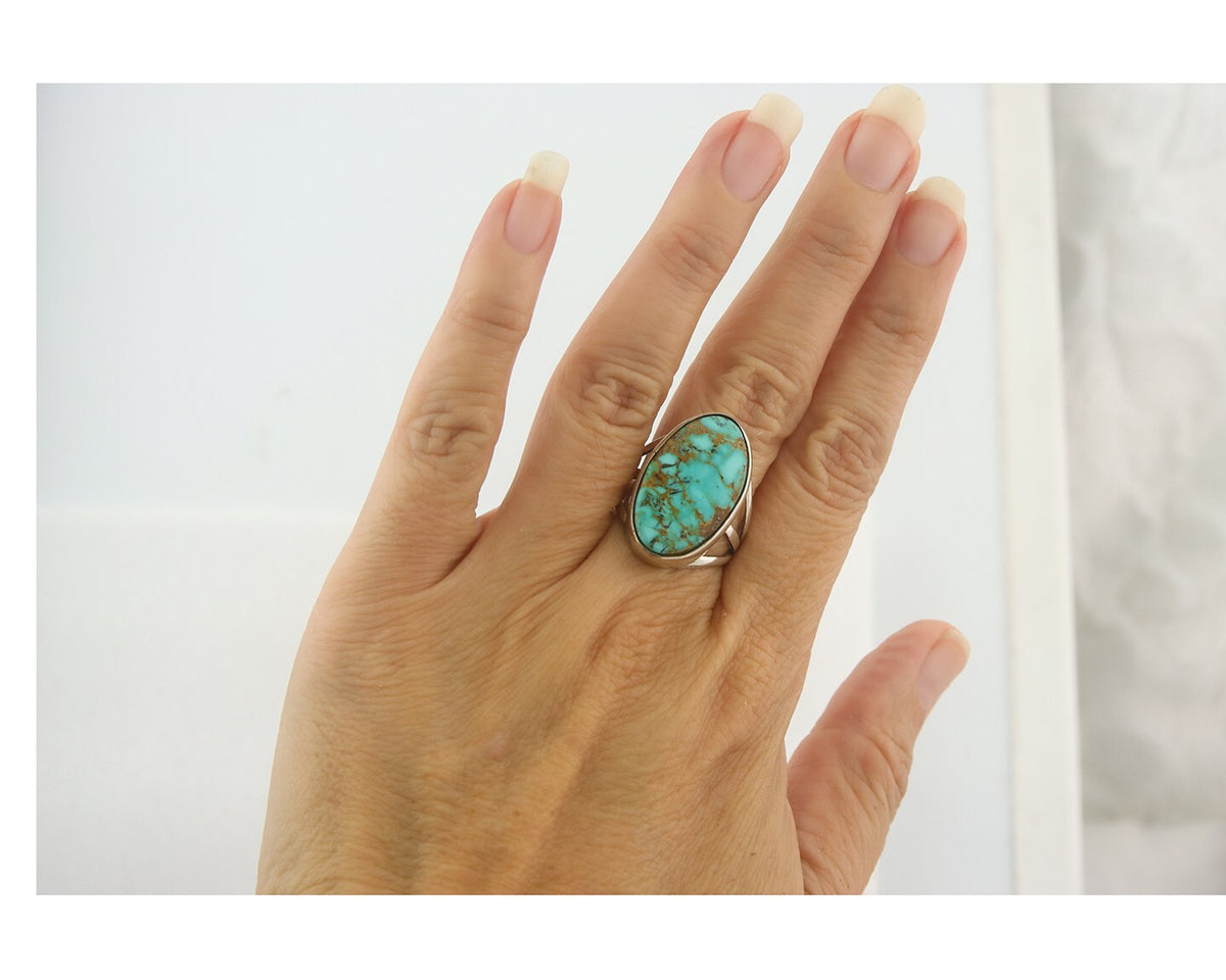 Vintage Navajo Ring 925 Sterling Authentic Traditional Turquoise Size 8.0