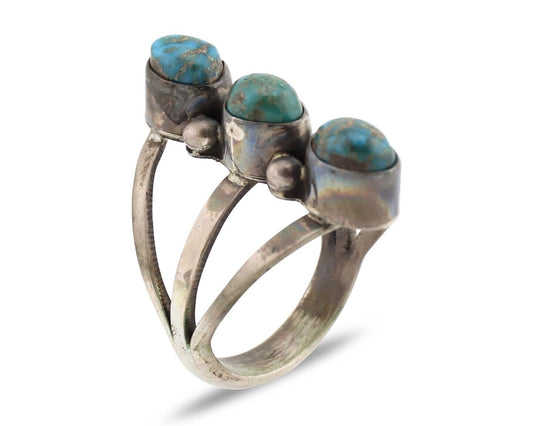 Navajo 3 Stone Ring 925 Silver Natural Turquoise Native American Artist C.80's