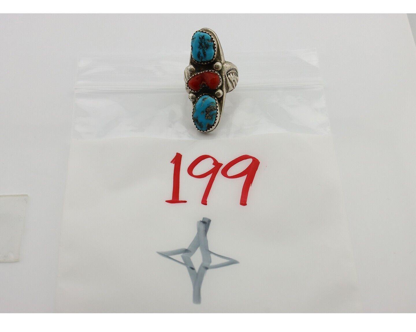 Navajo Ring 925 Silver Blue Turquiose & Coral Artist Signed Large R C.80's
