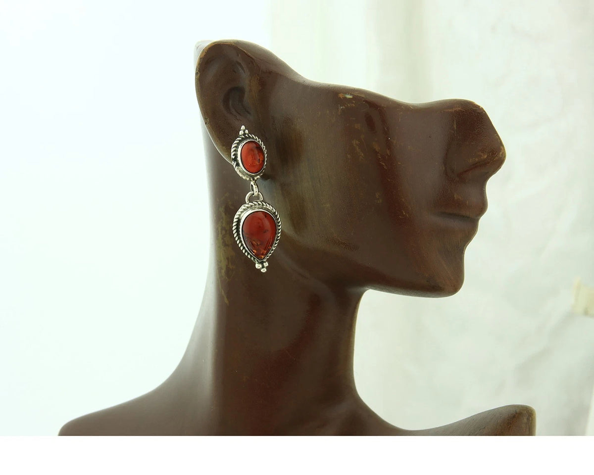 Navajo Dangle Earrings Sterling Silver Natural Amber Handmade Vintage