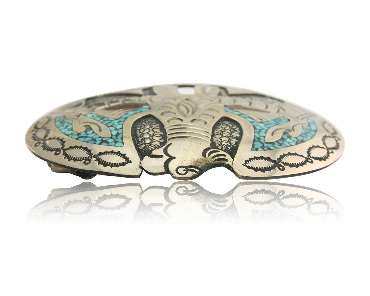 Navajo Belt Buckle .999 Nickel Buffalo Gemstone Signed Jimmie Nezzie 3x3.5in C80