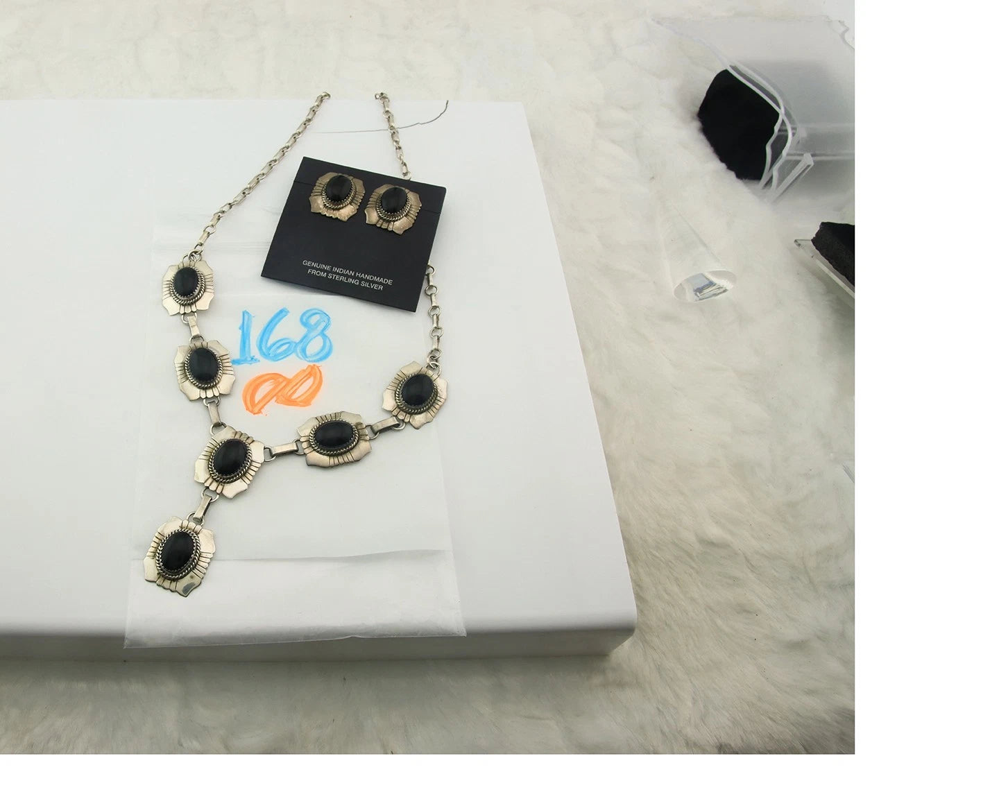 Navajo Necklace Earring Set Sterling Silver Onyx Vintage Signed Begay