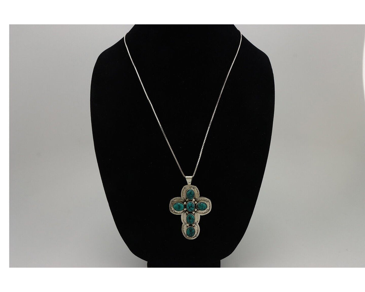 Navajo Cross Pendant 925 Silver Spiderweb Turquoise Native American Artist C80s