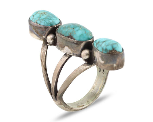 Navajo 3 Stone Ring 925 Silver Morenci Turquoise Native American Artist C.80's