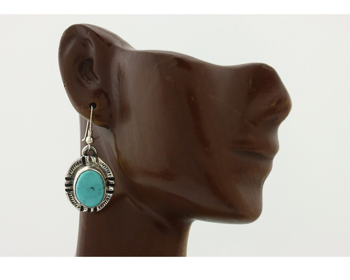 Navajo Handmade Earrings 925 Silver Natural Arizona Turquoise Signed Gecko C.80s