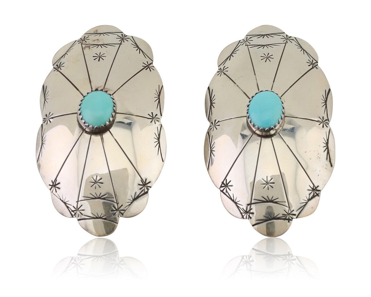 Navajo Hand Stamped Shield Earrings 925 Silver Turquoise Native Artist C.80's