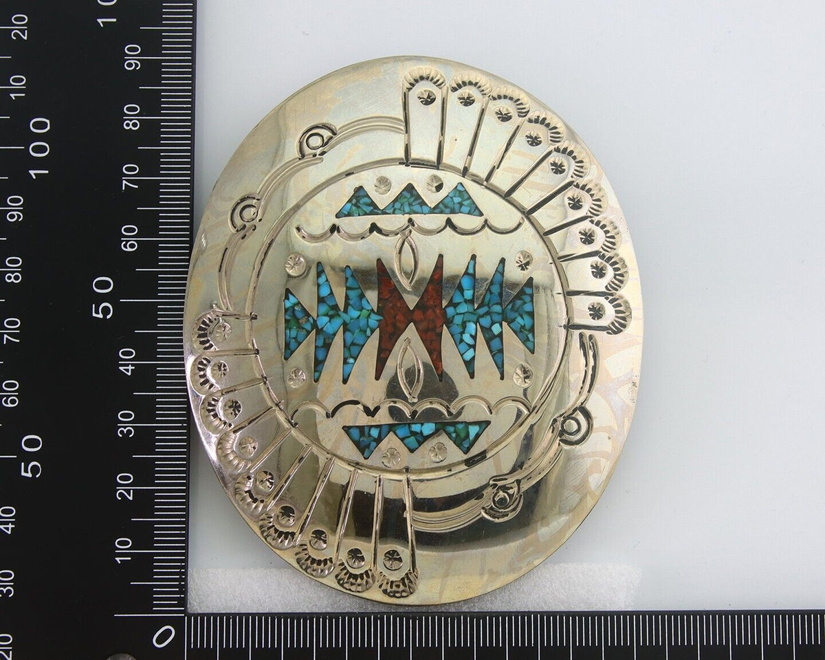Navajo Belt Buckle .999 Nickel Buffalo Gemstone Signed Jimmie Nezzie 3x3.5in C80