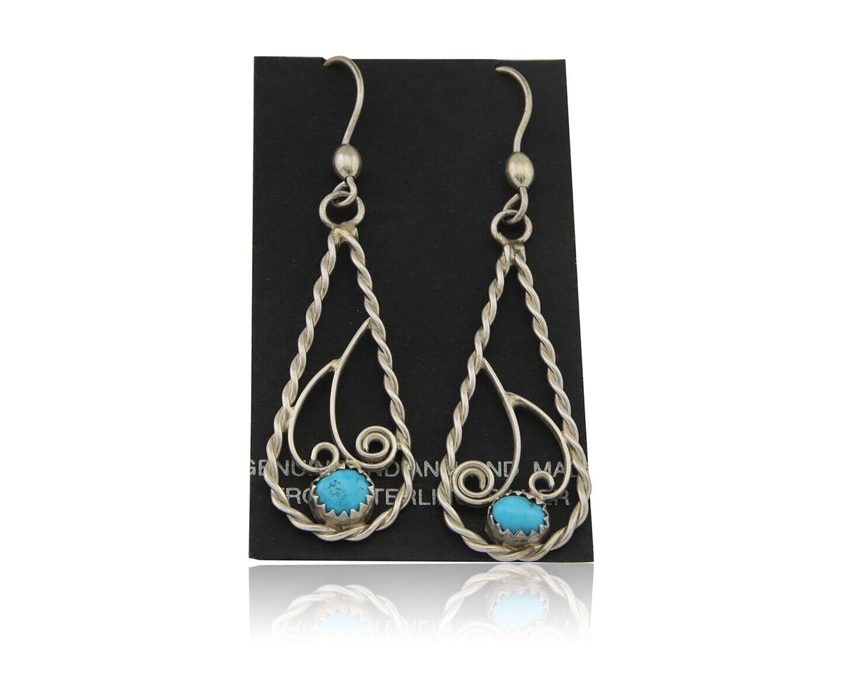 Navajo Dangle Earrings 925 Silver Natural Turquoise Artist Signed JB C.80's