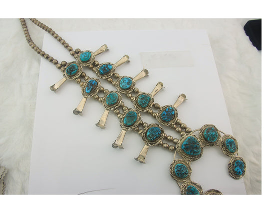 Navajo Sterling Silver Squash Necklace Authentic Nugget Turquoise Vintage Signed