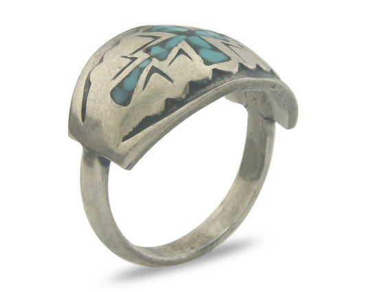 Navajo Ring 925 Silver Inlaid Turquoise Native American Artist C.80's Size 4.25