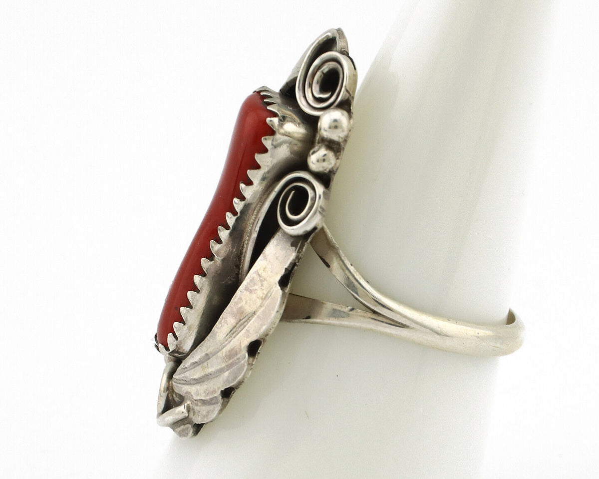 Navajo Ring 925 Silver Mediterranean Coral Artist Signed Justin Morris C.80's