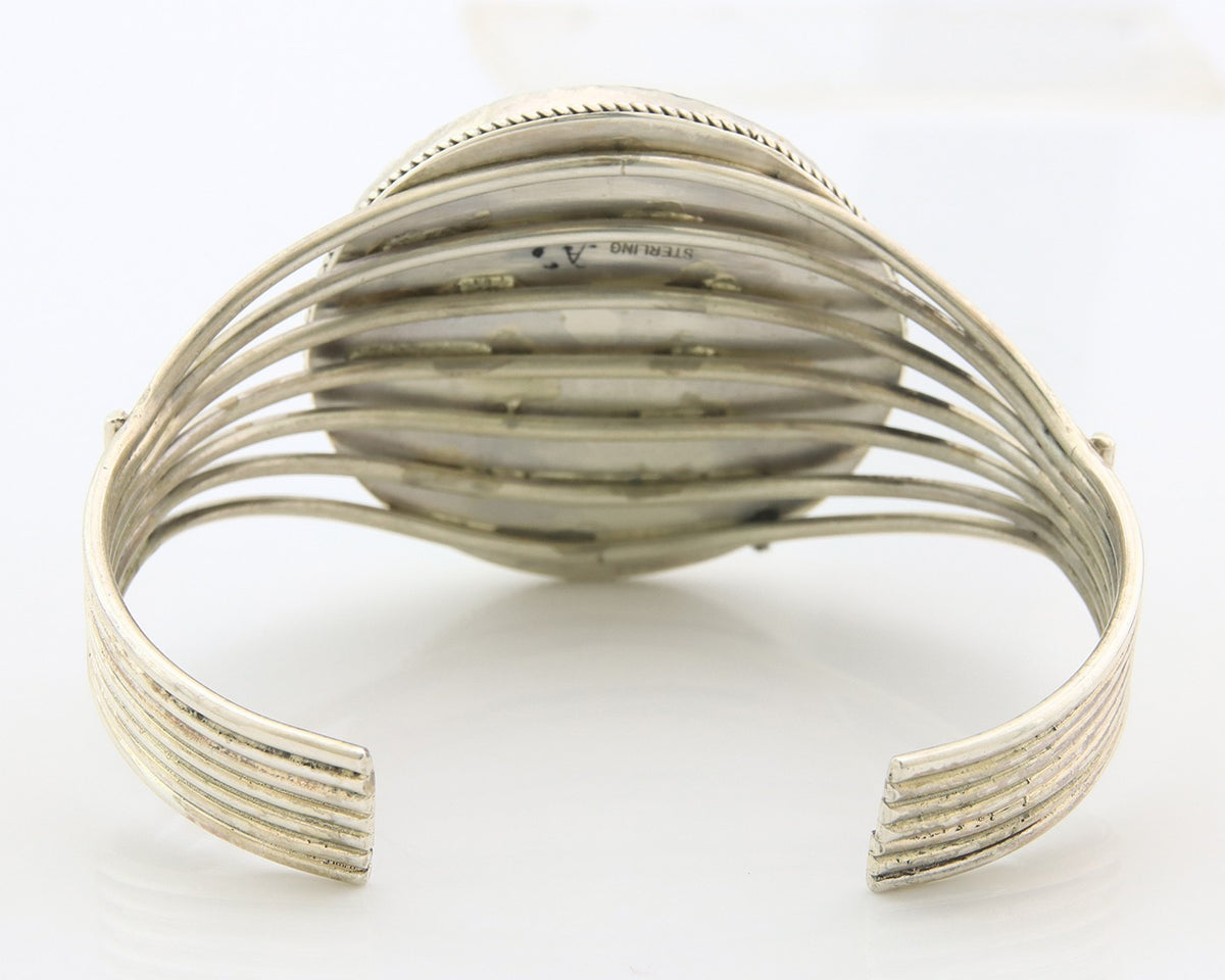 Navajo Cuff Bracelet Sterling Silver Malachite Vintage Signed A Whitegoat