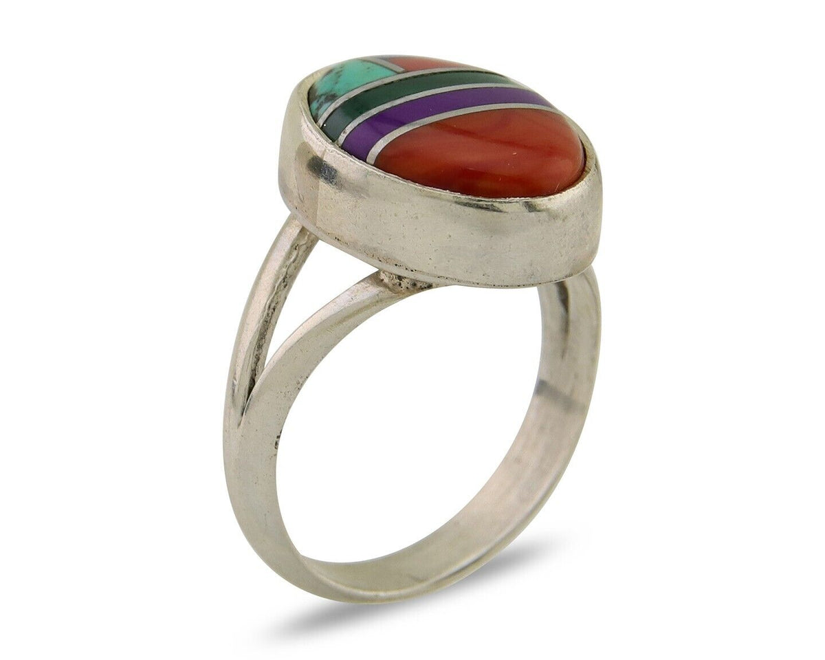 Navajo Ring 925 Sterling Silver Natural Gemstones Artist Signed Sunrise C.80's