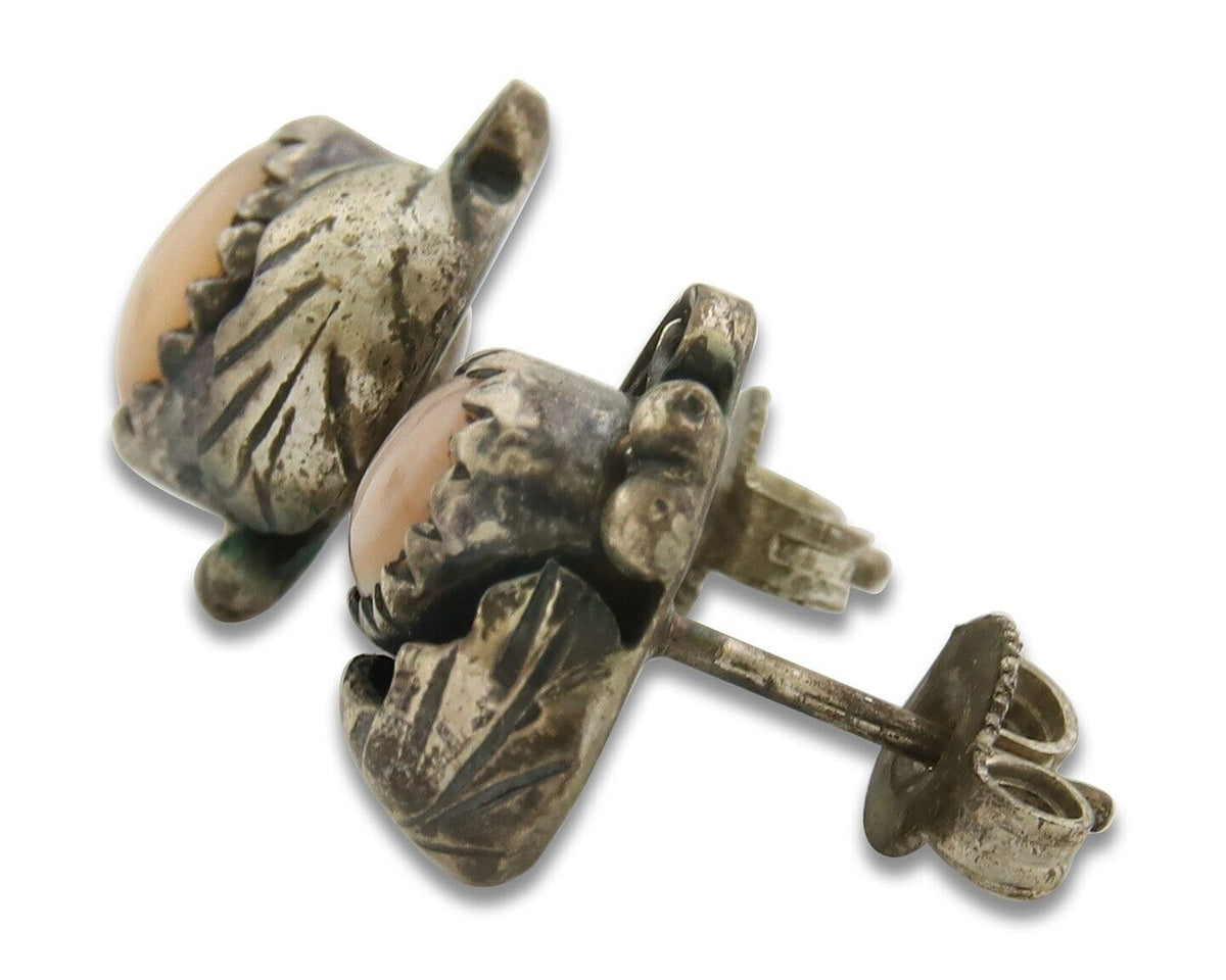 Navajo Earrings 925 Silver Handmade Natural Pink Mussel Native American Artist