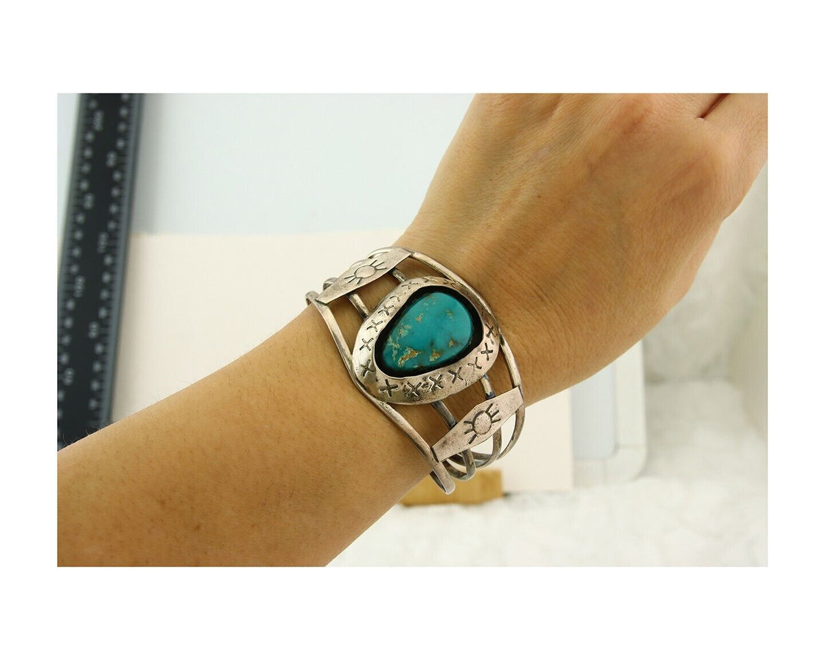 Vintage Navajo Bracelet 925 Silver Natural Blue Turquoise Native American Artist
