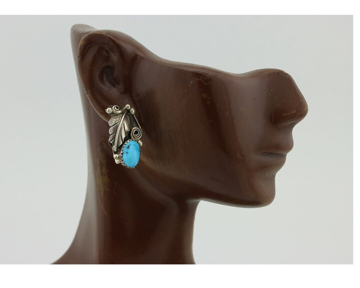 Navajo Earrings 925 Silver Natural Blue Turquoise Native American Artist C.80s