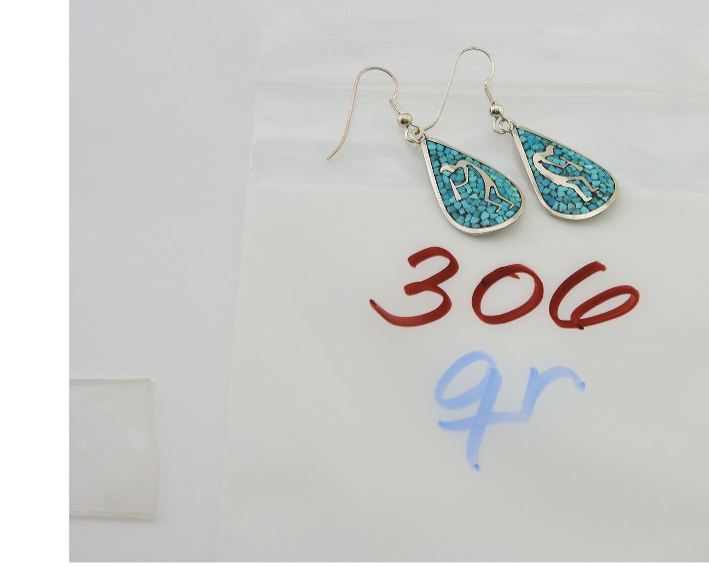 Navajo Kokopelli Earrings 999 Nickel Chip Inlay Turquoise Coral Native American