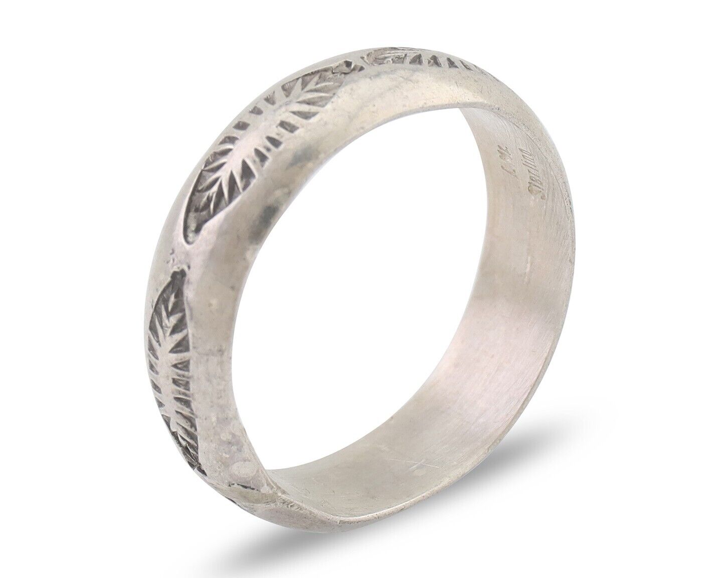 Navajo Hand Stamped Band 925 Silver 6.0 mm Signed Larry Chavez Size 9.25 C.80's