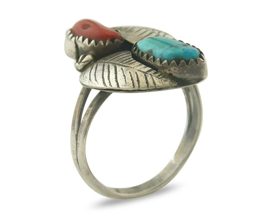 Vintage Navajo Ring 925 Sterling Natural Coral & Turquoise Native Artist Sz 7.5