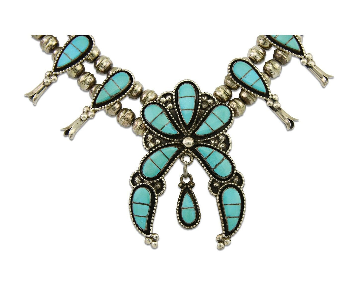 Zuni Squash Necklace 925 Silver Earring Set Turquiose Handmade Signed SM C.80's