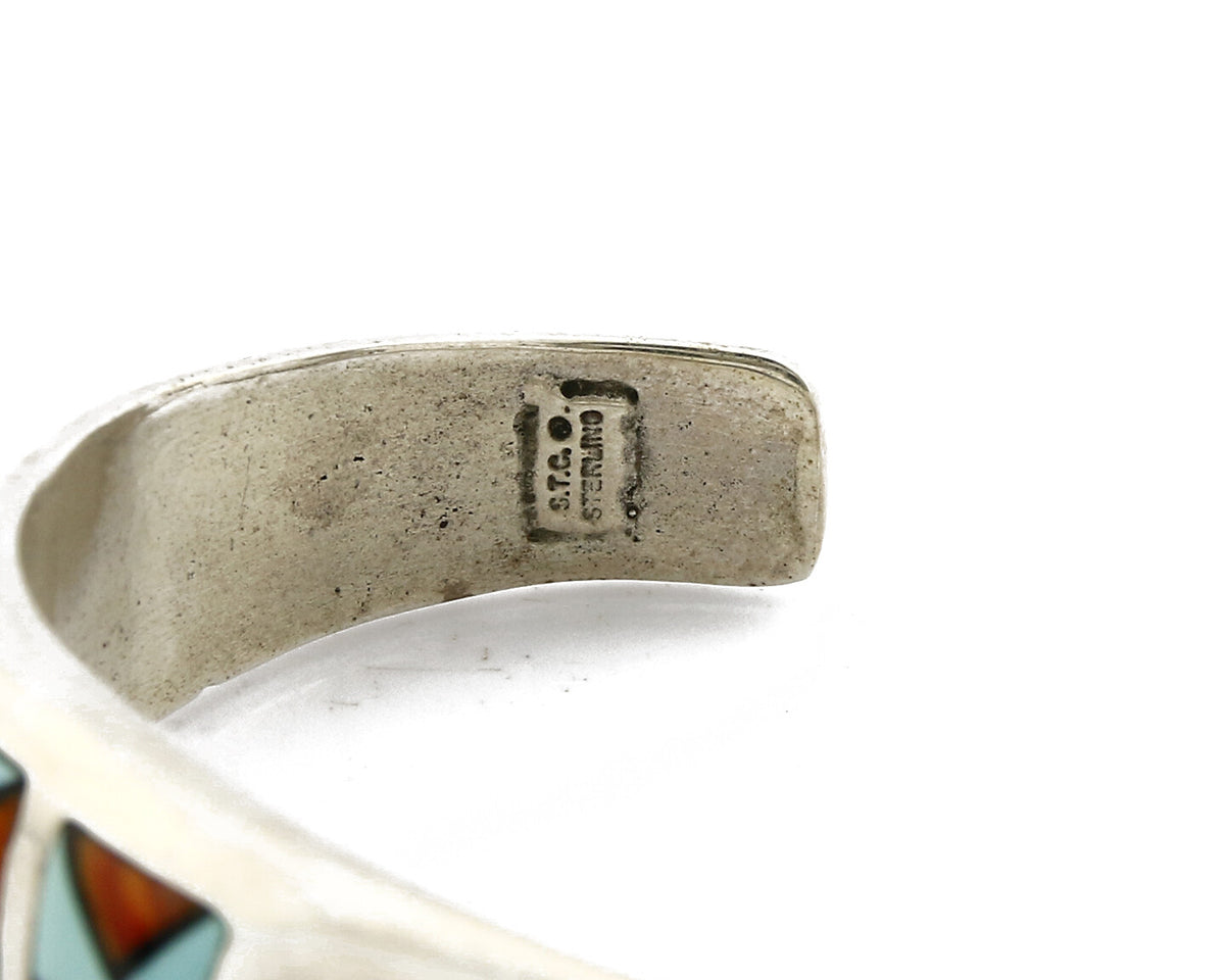 Navajo Cuff Bracelet.925 Silver Signed STC Inlay Natural Gemstones C. 1980's