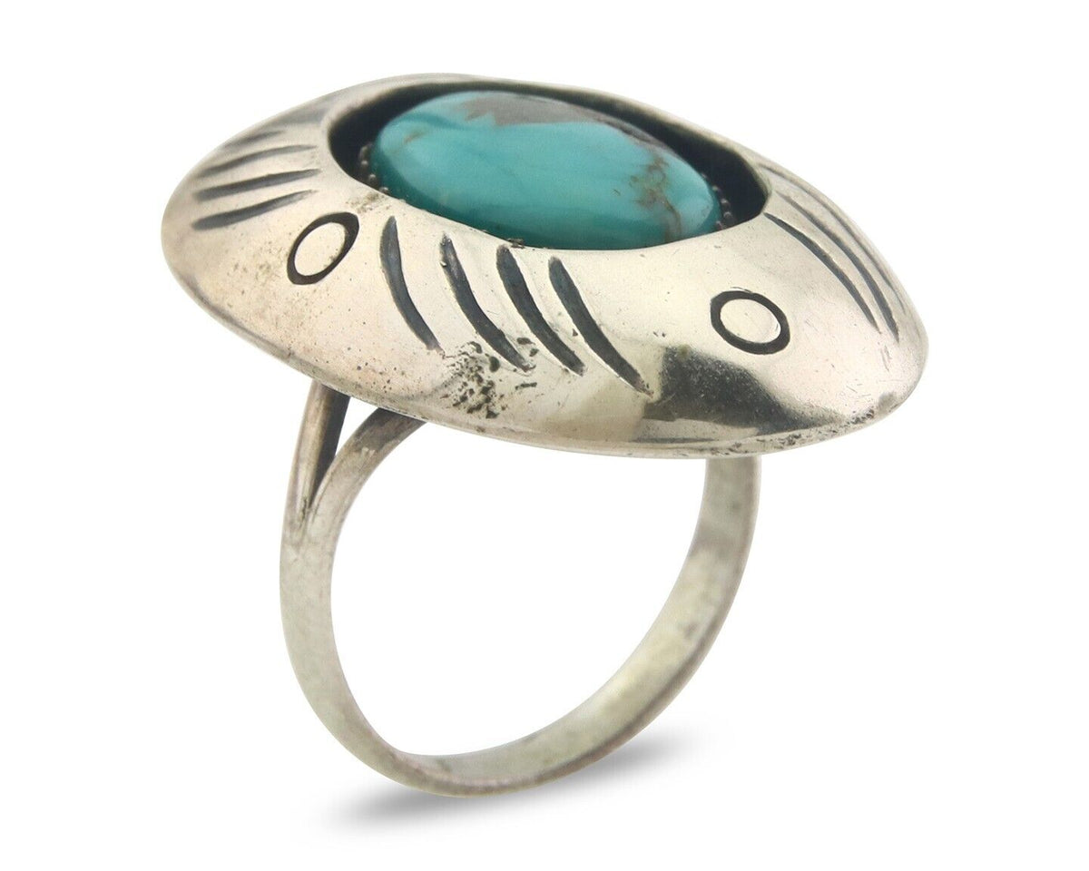 Navajo Ring 925 Sterling Turquoise Handmade Native Artist C.80's Size 7.0