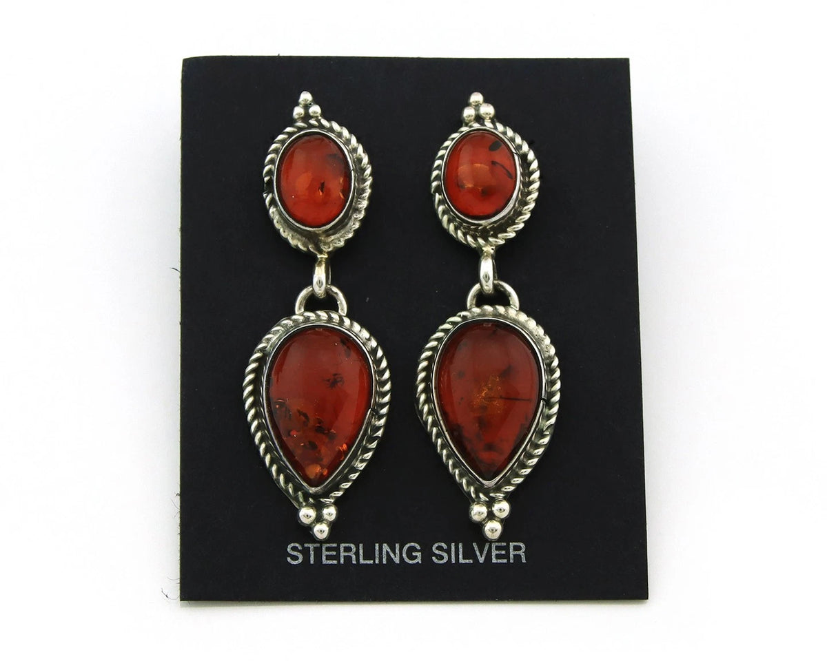 Navajo Dangle Earrings Sterling Silver Natural Amber Handmade Vintage