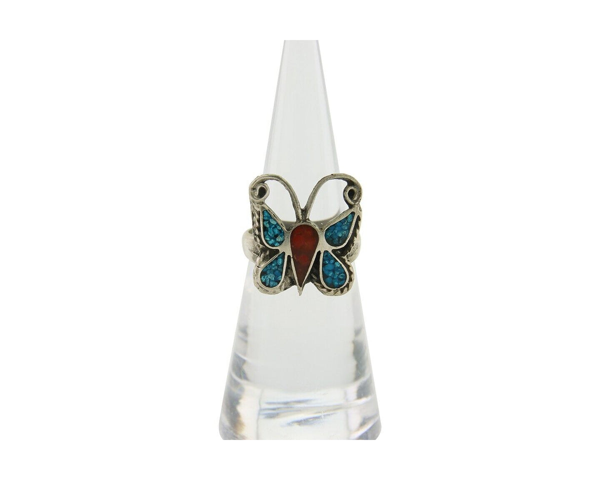 Navajo Handmade Butterfly Ring 925 Silver Coral & Turquoise Native Artist C.80's