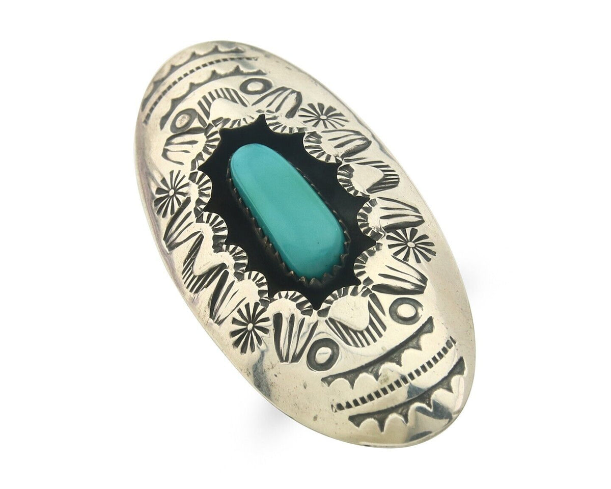 Navajo Ring 925 Sterling Turquoise Hand Stamped Signed J Martinez C.80's Sz 6.75
