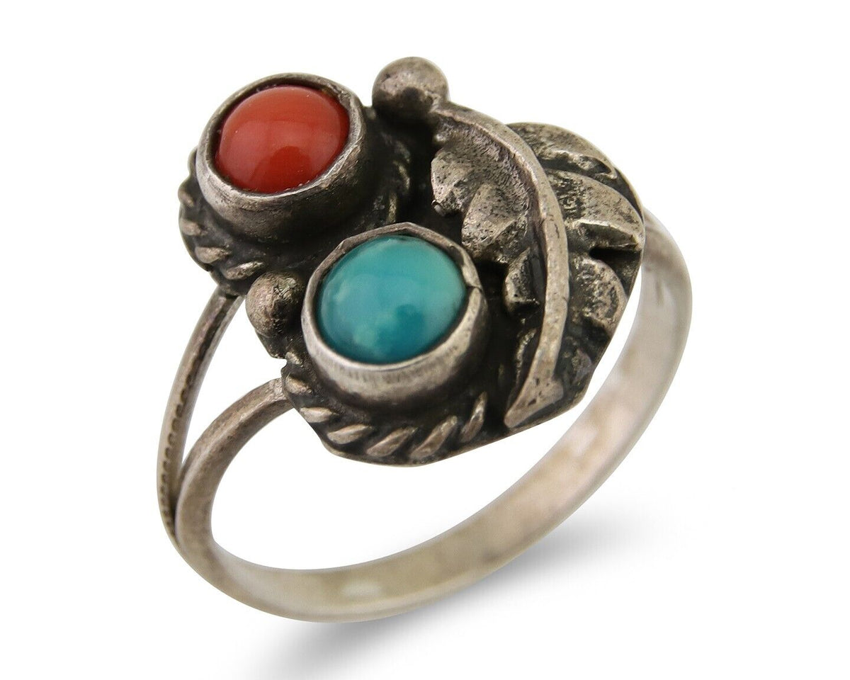 Navajo Handmade Ring 925 Silver Coral & Turquoise Native Artist C.80's