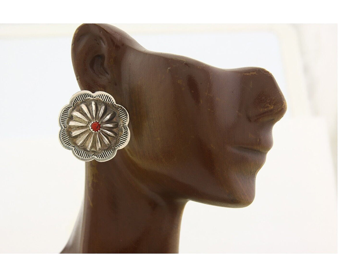 Navajo Concho Earrings 925 Silver Natural Coral Native American Artist C.80's