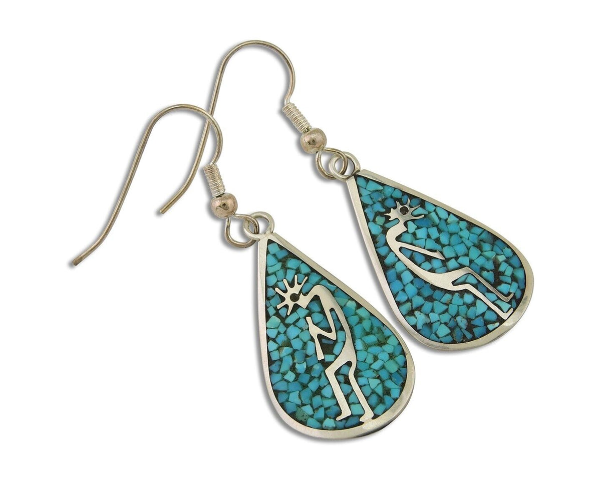 Navajo Kokopelli Earrings 999 Nickel Chip Inlay Turquoise Coral Native American