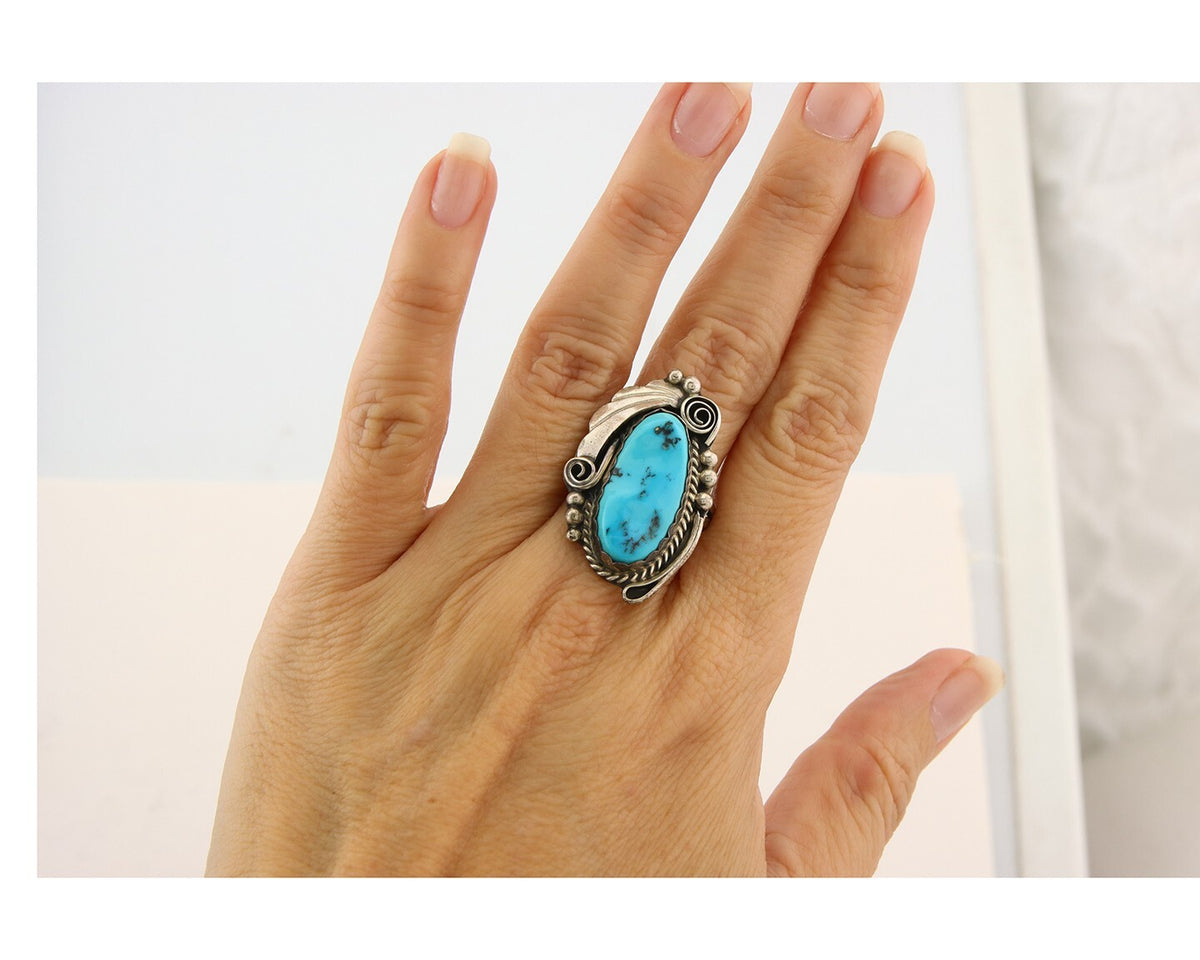 Navajo Ring 925 Sterling Turquoise Artist Justin Morris C.80's Size 9.0