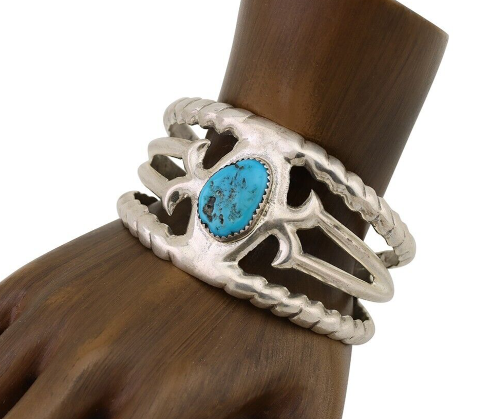 Navajo Sand Cast Cuff Bracelet 925 Silver Natural Turquoise Native Artist C.80's