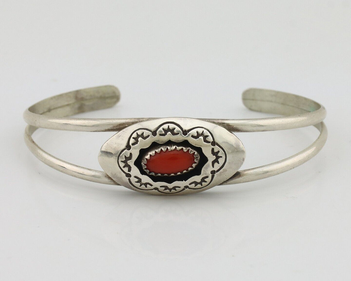 Navajo Bracelet 925 Silver Natural Red Coral Artist Signed AR ARROW C.80's